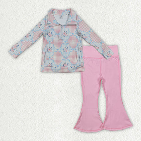 GLP2898 Flower Bows Pink Pullover Yoga Girls Flared Set