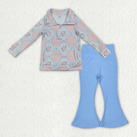 GLP2899 Flower Bows Blue Pullover Yoga Girls Flared Set