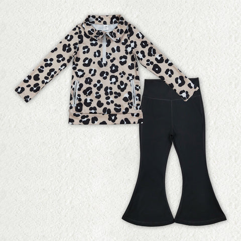 GLP2900 Leopard Black Pullover Yoga Girls Flared Set
