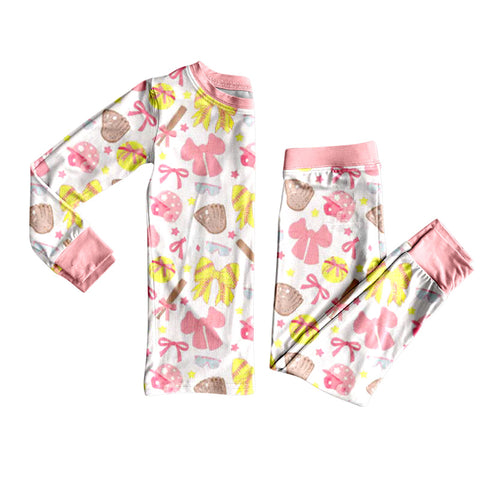 Preorder 10.13 MOQ 5 pcs GLP2905 Easter Softball Bows Pink Girls Pajamas Set