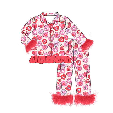 Preorder 10.14 MOQ 5 pcs GLP2915 Valentine's Day XOXO Love Red Feather Girls Pajamas Set