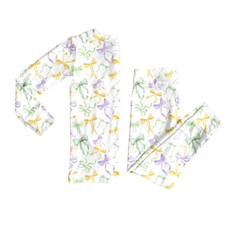 Preorder 10.16 MOQ 5 pcs GLP2921 Mardi Gras Bows Girls Pajamas Set