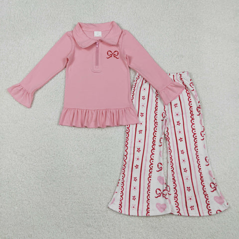GLP2934 Embroidery Valentine's Day Love Bows Pink Pullover Girls Set