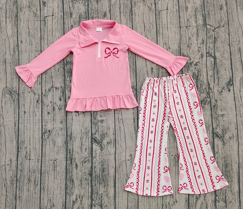 Preorder Samples GLP2934 Embroidery Valentine's Day Love Bows Pink Pullover Girls Set