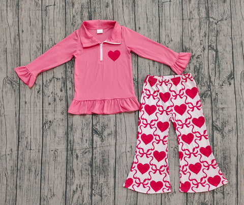 Preorder Samples GLP2935 Embroidery Valentine's Day Love Bows Pink Pullover Girls Set