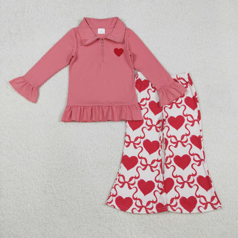GLP2935 Embroidery Valentine's Day Love Bows Pink Pullover Girls Set
