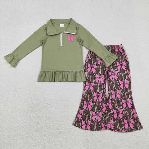 GLP2936 Embroidery Camo Bows Pullover Girls Set