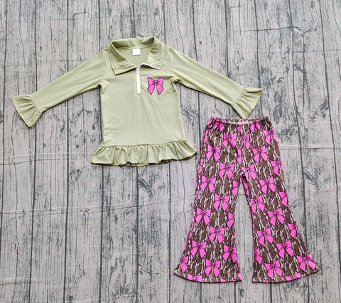 Preorder Samples GLP2936 Embroidery Camo Bows Pullover Girls Set