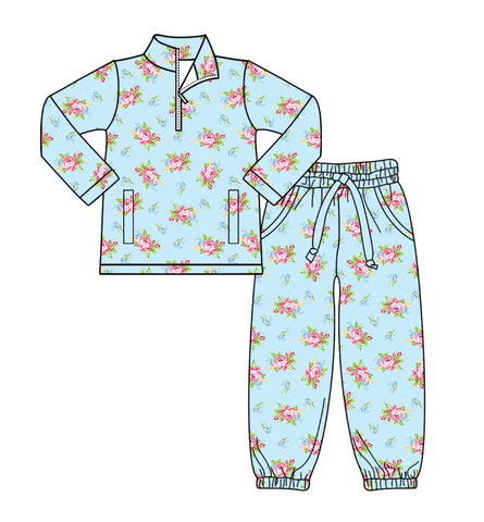 Preorder 10.20 MOQ 5 pcs GLP2939 Flower Blue Zipper Pullover Jogger Yoga Girls Set