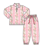 Preorder Samples GLP2940 Flower Rose Pink Zipper Pullover Jogger Yoga Girls Set