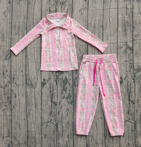 Preorder Samples GLP2940 Flower Rose Pink Zipper Pullover Jogger Yoga Girls Set