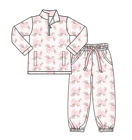 Preorder 10.20 MOQ 5 pcs GLP2941 Flower Bows Pink Zipper Pullover Jogger Yoga Girls Set