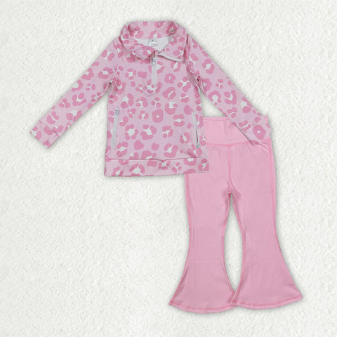 GLP2942 Leopard Pink Pullover Yoga Girls Flared Set