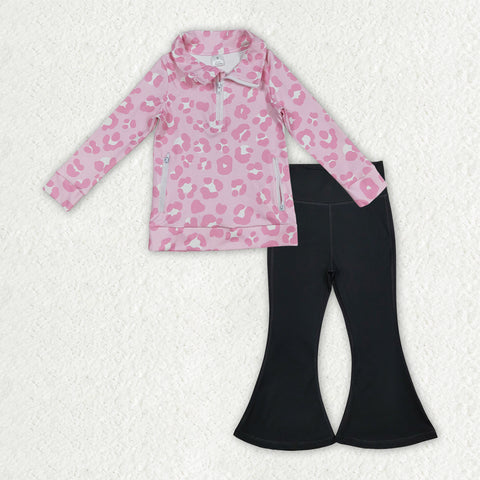 GLP2942 Leopard Pink Black Pullover Yoga Girls Flared Set