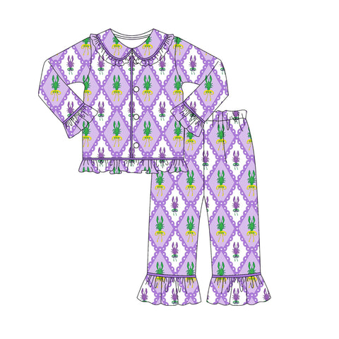 Preorder 10.21 MOQ 5 pcs GLP2947 Mardi Gras Crawfish Buttons Girls Pajamas Set