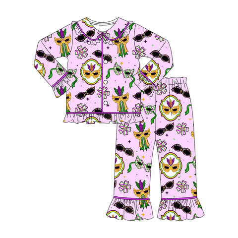 Preorder 10.21 MOQ 5 pcs GLP2949 Mardi Gras Mask Buttons Girls Pajamas Set