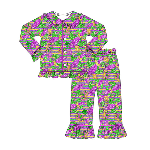 Preorder 10.21 MOQ 5 pcs GLP2950 Mardi Gras Mask Buttons Girls Pajamas Set