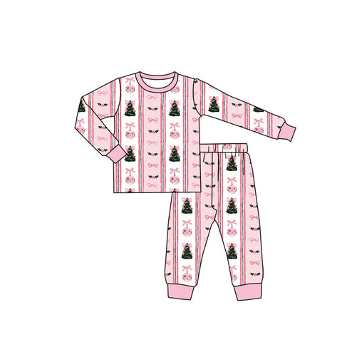 Preorder 10.23 MOQ 5 pcs GLP2961 Christmas Trees Bows Pink Girls Pajamas Set