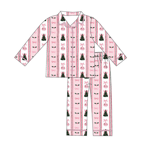 Preorder 10.23 MOQ 5 pcs GLP2962 Christmas Trees Bows Pink Adult Women's Pajamas Set