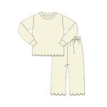 Preorder 10.23 MOQ 5 pcs GLP2963 Solid Cream Color Ruffles Cotton Girls Pajamas Set