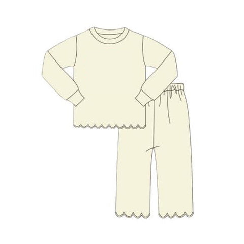 Preorder 10.23 MOQ 5 pcs GLP2963 Solid Cream Color Ruffles Cotton Girls Pajamas Set