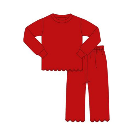 Preorder 10.23 MOQ 5 pcs GLP2964 Red Solid Cream Color Ruffles Cotton Girls Pajamas Set