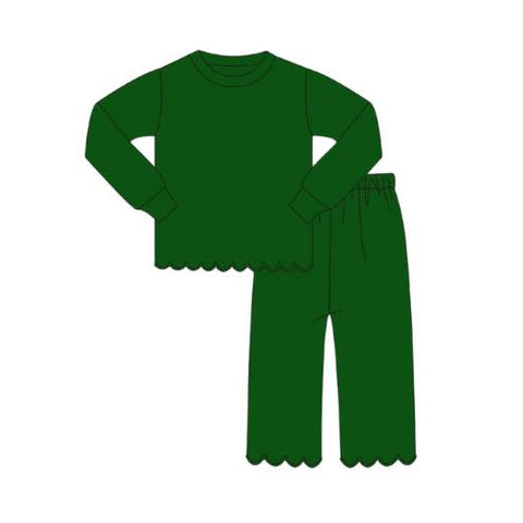 Preorder 10.23 MOQ 5 pcs GLP2965 Green Solid Cream Color Ruffles Cotton Girls Pajamas Set