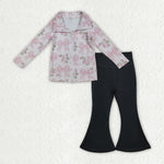 GLP2968 Bows Pink Black Pullover Yoga Girls Flared Set