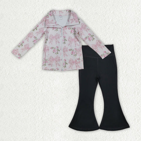 GLP2968 Bows Pink Black Pullover Yoga Girls Flared Set