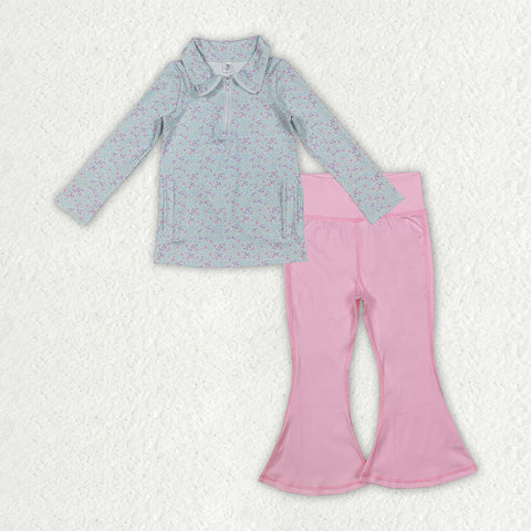 GLP2971 Flower Pullover Pink Yoga Girls Flared Set