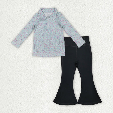 GLP2972 Flower Pullover Black Yoga Girls Flared Set