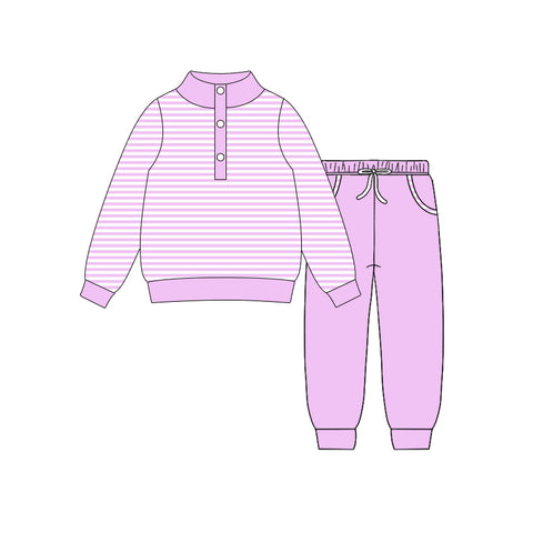 Preorder 11.17 MOQ 5 pcs GLP3021 Stripe Pink Pullover Girls Jogger Set
