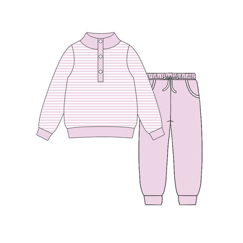 Preorder 11.17 MOQ 5 pcs GLP3022 Stripe Light Pink Pullover Girls Jogger Set
