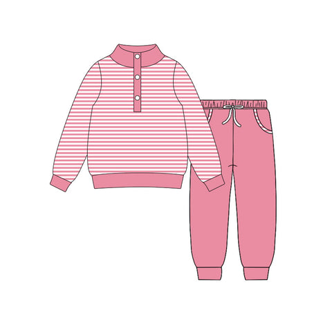 Preorder 11.17 MOQ 5 pcs GLP3024 Stripe Dark Pink Pullover Girls Jogger Set