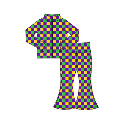 Preorder 11.17 MOQ 5 pcs GLP3027 Mardi Gras Plaid Yoga Coat Girls Set