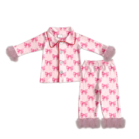 Preorder 11.20 MOQ 5 pcs GLP3051 Valentine's Day Bows Pink Feather Girls Pajamas Set