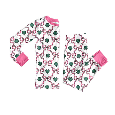 Preorder 11.21 MOQ 5 pcs GLP3055 leaf Bows Pink Girls Pajamas Set