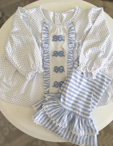 Preorder 11.24 MOQ 5 pcs GLP3059 Bows Blue Dots Stripe Girls Set