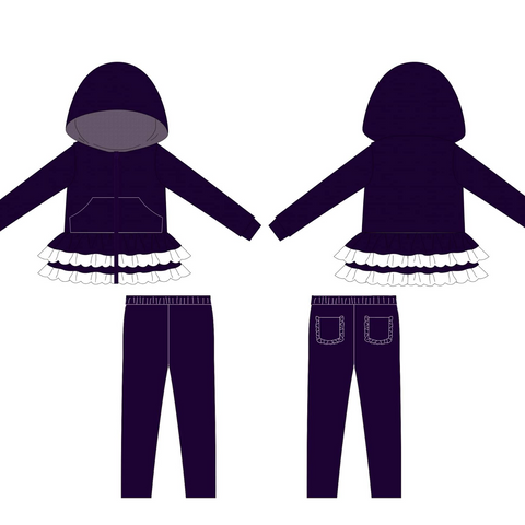 Preorder 11.29 MOQ 5 pcs GLP3071 Purple Cotton Ruffles Hoodie Coat Girls Set