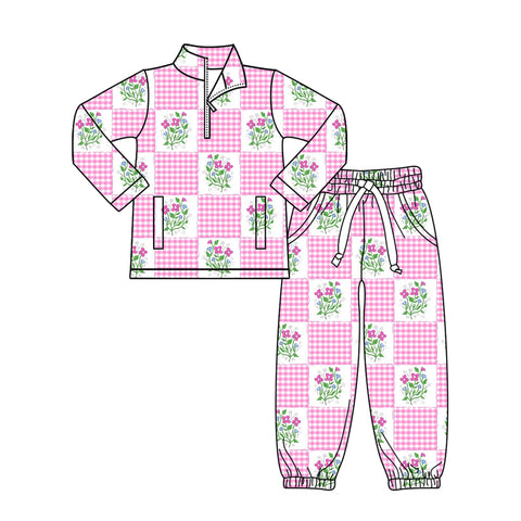 Preorder 12.03 MOQ 5 pcs GLP3090 Flower Plaid Pink Pullover Girls Jogger Set