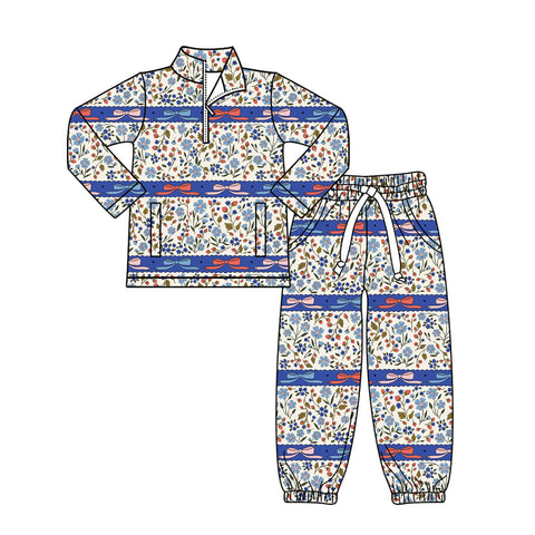 Preorder 12.03 MOQ 5 pcs GLP3093 Flower Bows Pullover Girls Jogger Set