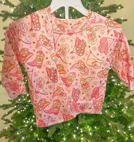 Preorder 12.05 MOQ 5 pcs GLP3116 Western Boots Pink Kids Girls Shirt Top