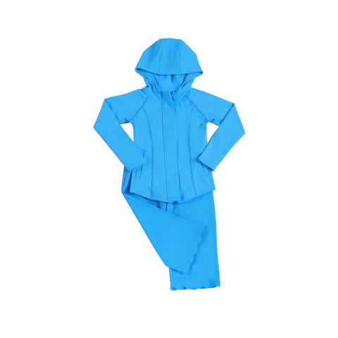 Preorder 12.12 MOQ 5 pcs GLP3156 Solid Color Blue Yoga Hoodie Coat Girls Set