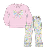 Preorder Samples GLP3242 Embroidery Flower Floral Bows Pink Girls Set