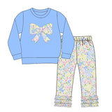 Preorder Samples GLP3243 Embroidery Flower Floral Bows Blue Girls Set