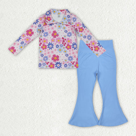 GLP3274 Flower Floral Blue Pullover Yoga Girls Flared Pants Set