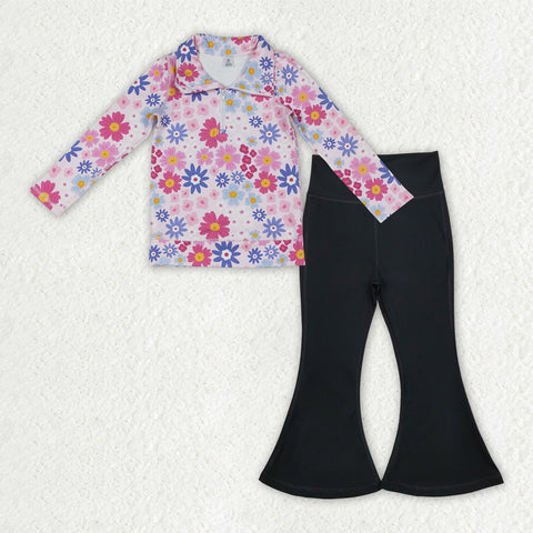 GLP3275 Flower Floral Black Pullover Yoga Girls Flared Pants Set