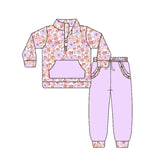 Preorder Samples GLP3281 Flower Floral Purple Ruffles Pullover Girls Set