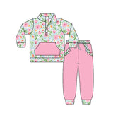 Preorder Samples GLP3282 Flower Floral Pink Green Ruffles Pullover Girls Set