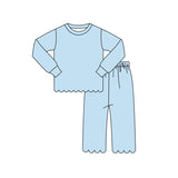 Preorder Samples GLP3292 Blue Solid Color Scallop Edge Cotton Girls Set